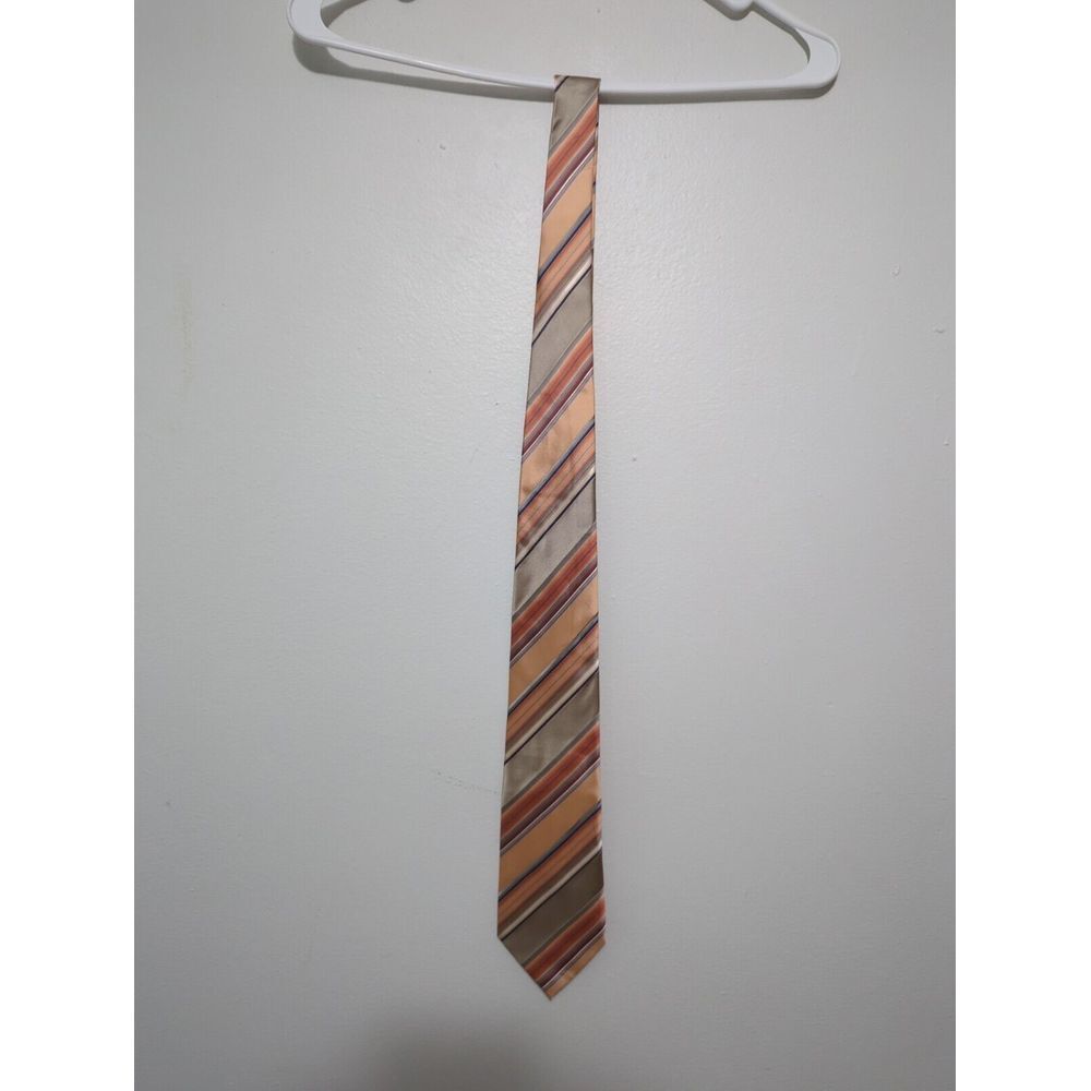 Geoffrey Beene Mens Silk Necktie Orange Tan Brown Striped Hand Made Classic Tie